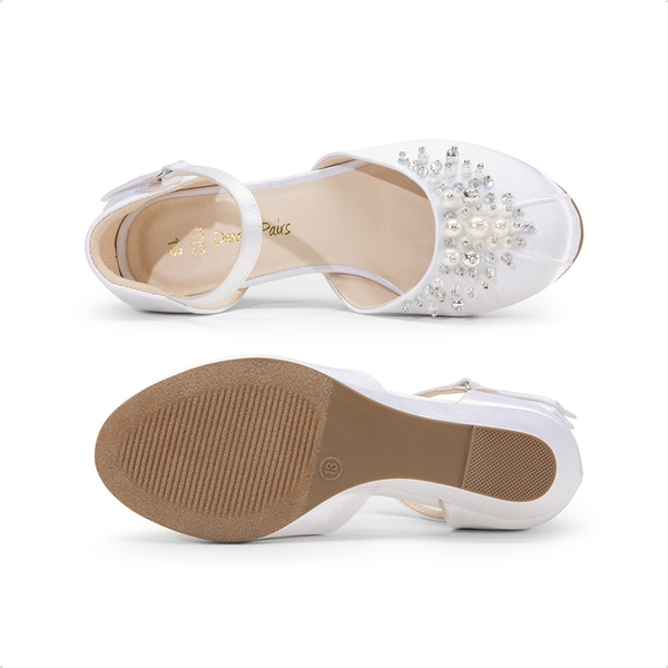 Girls Pearl Low Wedge Shoes - WHITE - 2